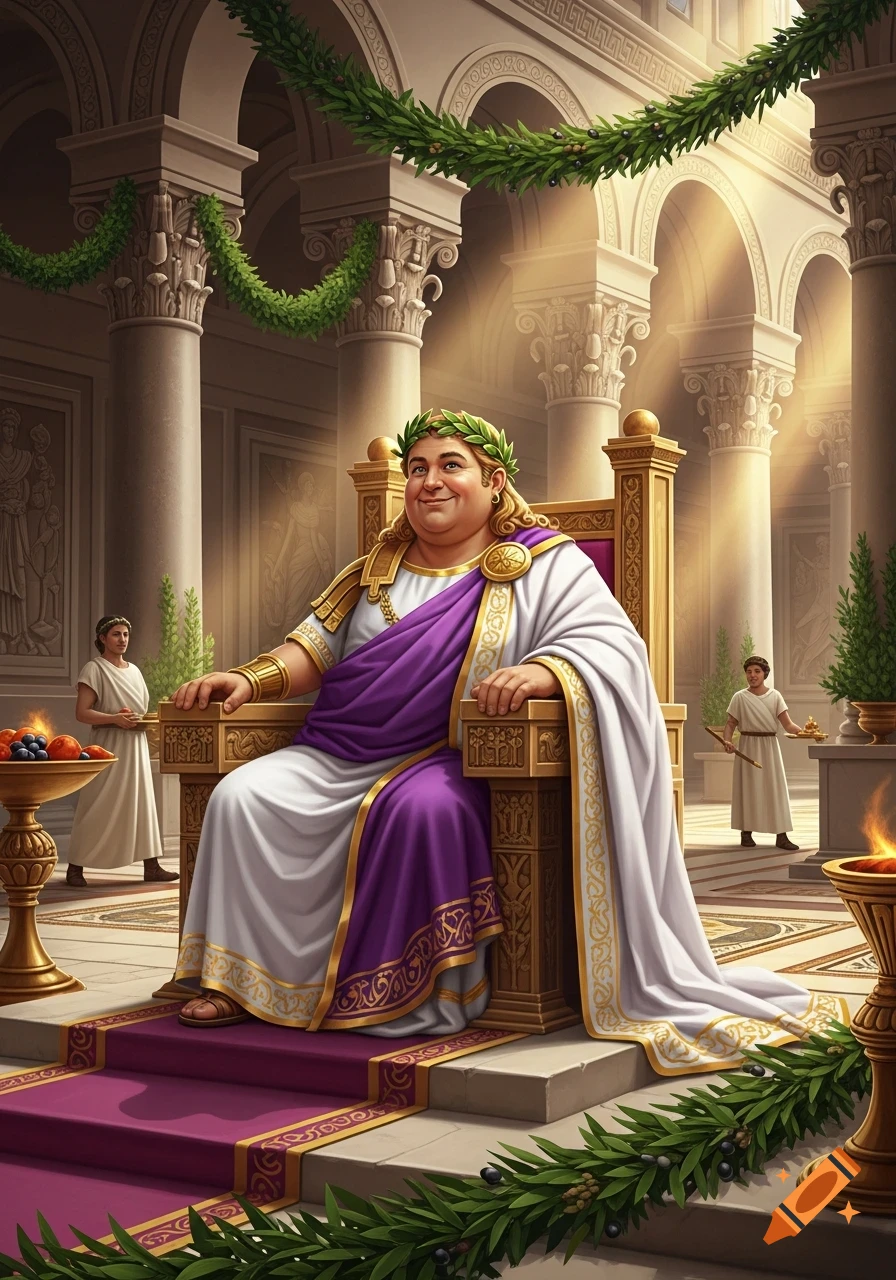 A smiling, rotund Roman emperor in a purple and white toga sits on a golden throne in a grand hall with columns and laurel garlands.