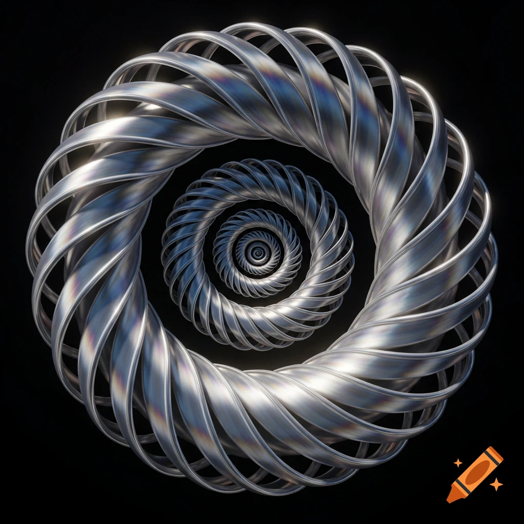 A silvery metallic 3D spiral design, repeating inwards, with reflective surfaces against a black background.
