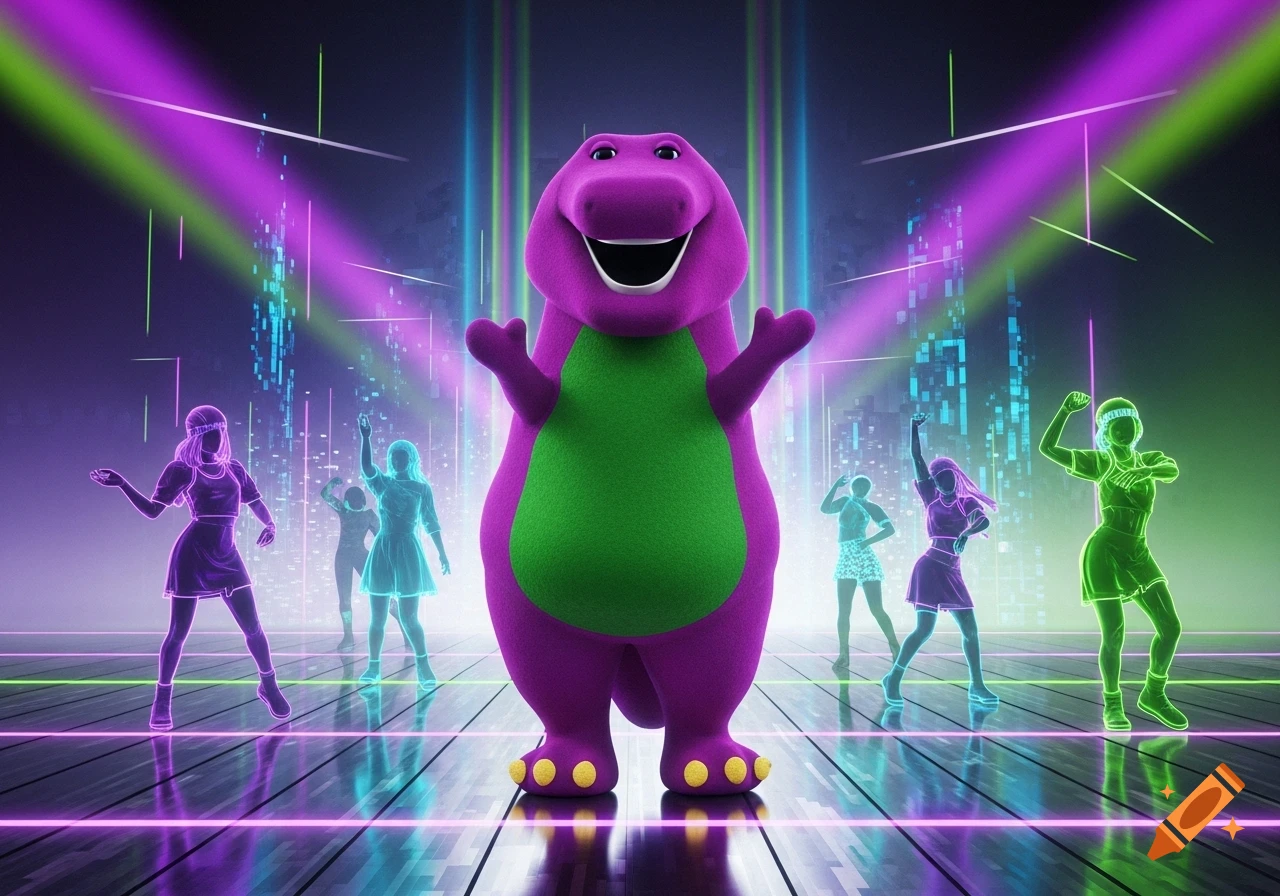 A purple Barney the dinosaur smiles in a neon-lit futuristic dance club with glowing stylized human figures.
