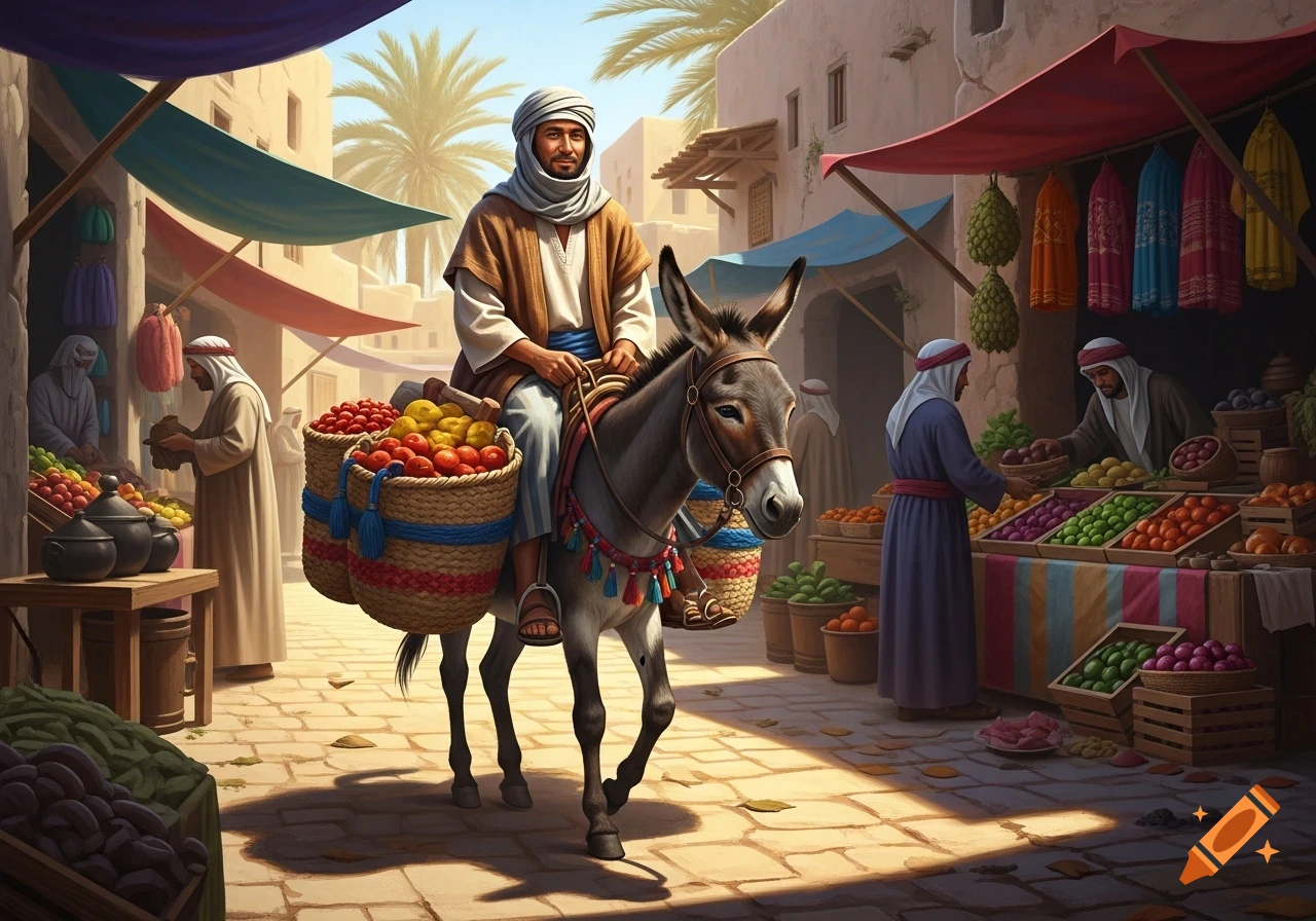 Man in traditional attire riding a fruit-laden donkey through a bustling Middle Eastern market.