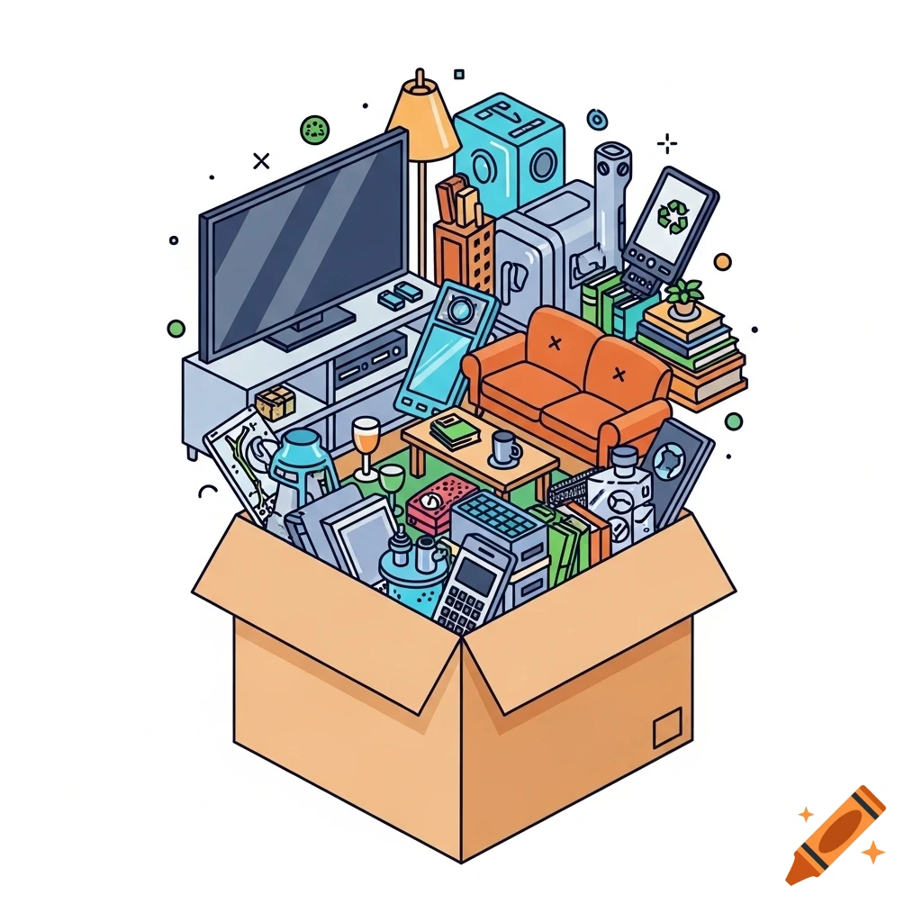 An isometric illustration of a cardboard box overflowing with household goods, electronics, and furniture.