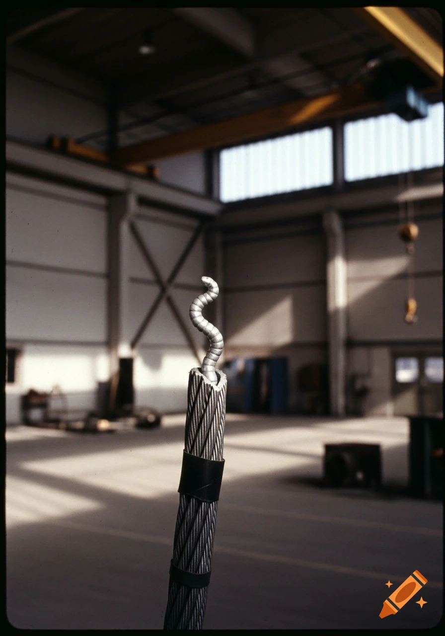 A silvery, worm-like strand emerges from a thick, exposed cable in a large factory hall, captured in a vintage, faded photograph.