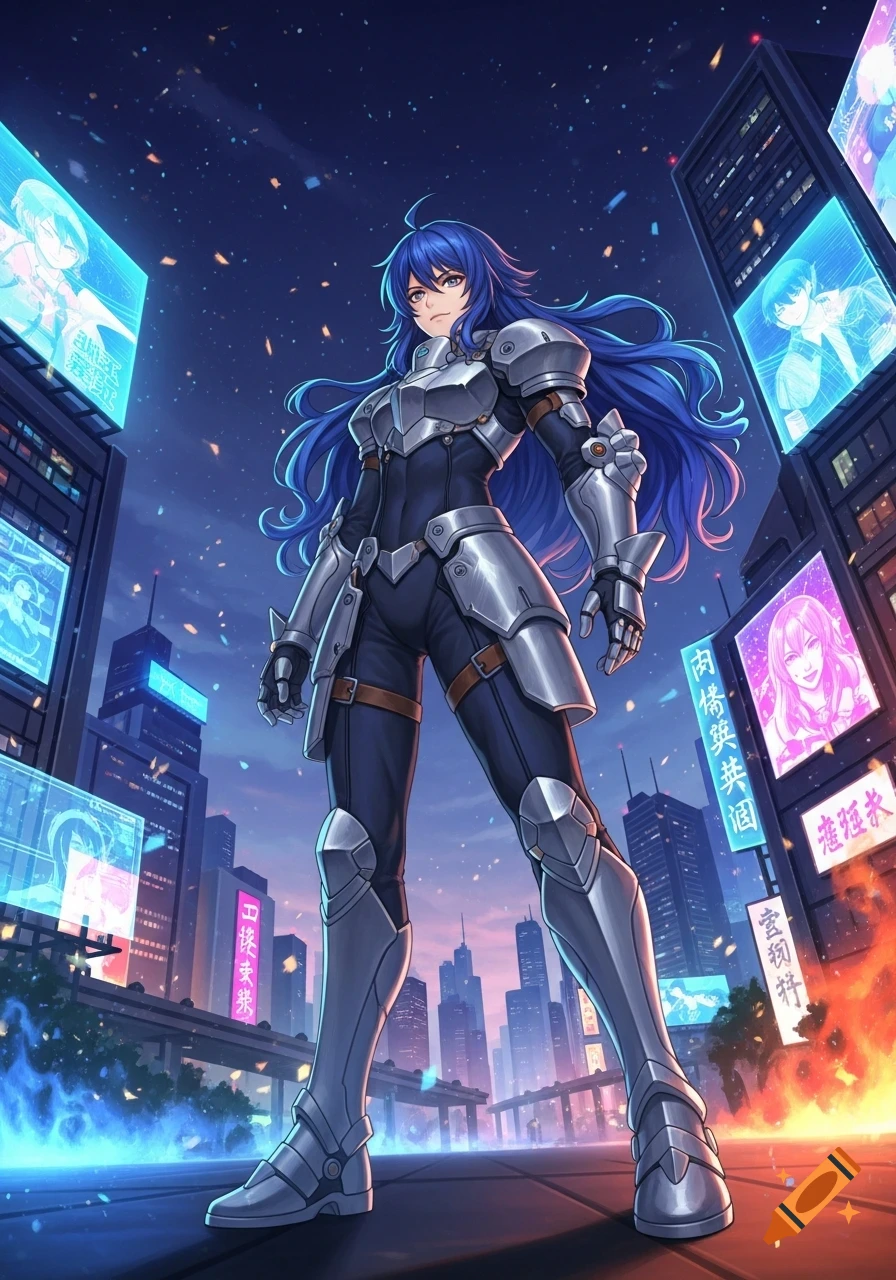 An anime character in full armor stands in a futuristic city at dusk, with neon signs and glowing billboards.