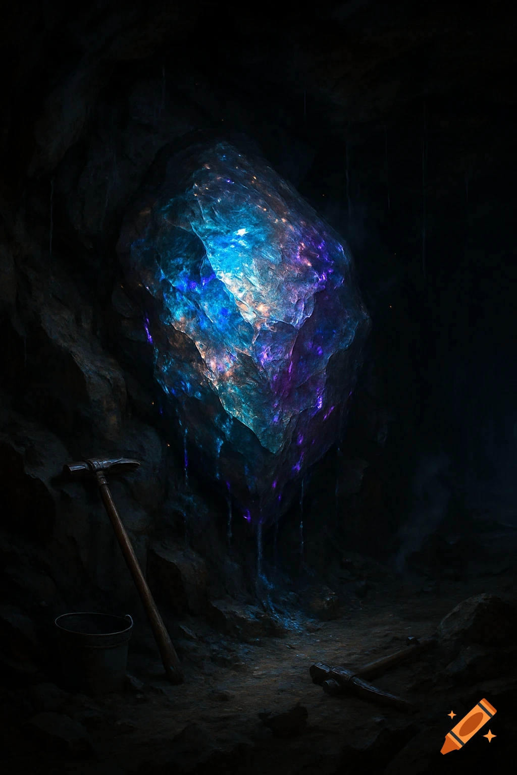 A large, glowing blue and purple crystalline ore illuminates a dark cave, with a pickaxe and bucket on the ground.