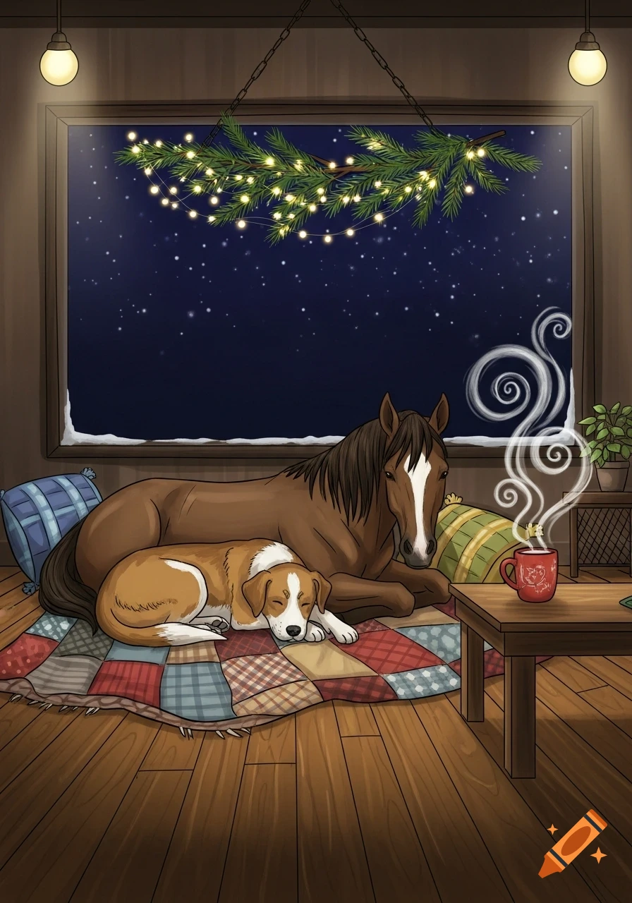 Cartoon illustration of a dog and horse sleeping on a patchwork blanket in a cozy room with a starry window and steaming mug.