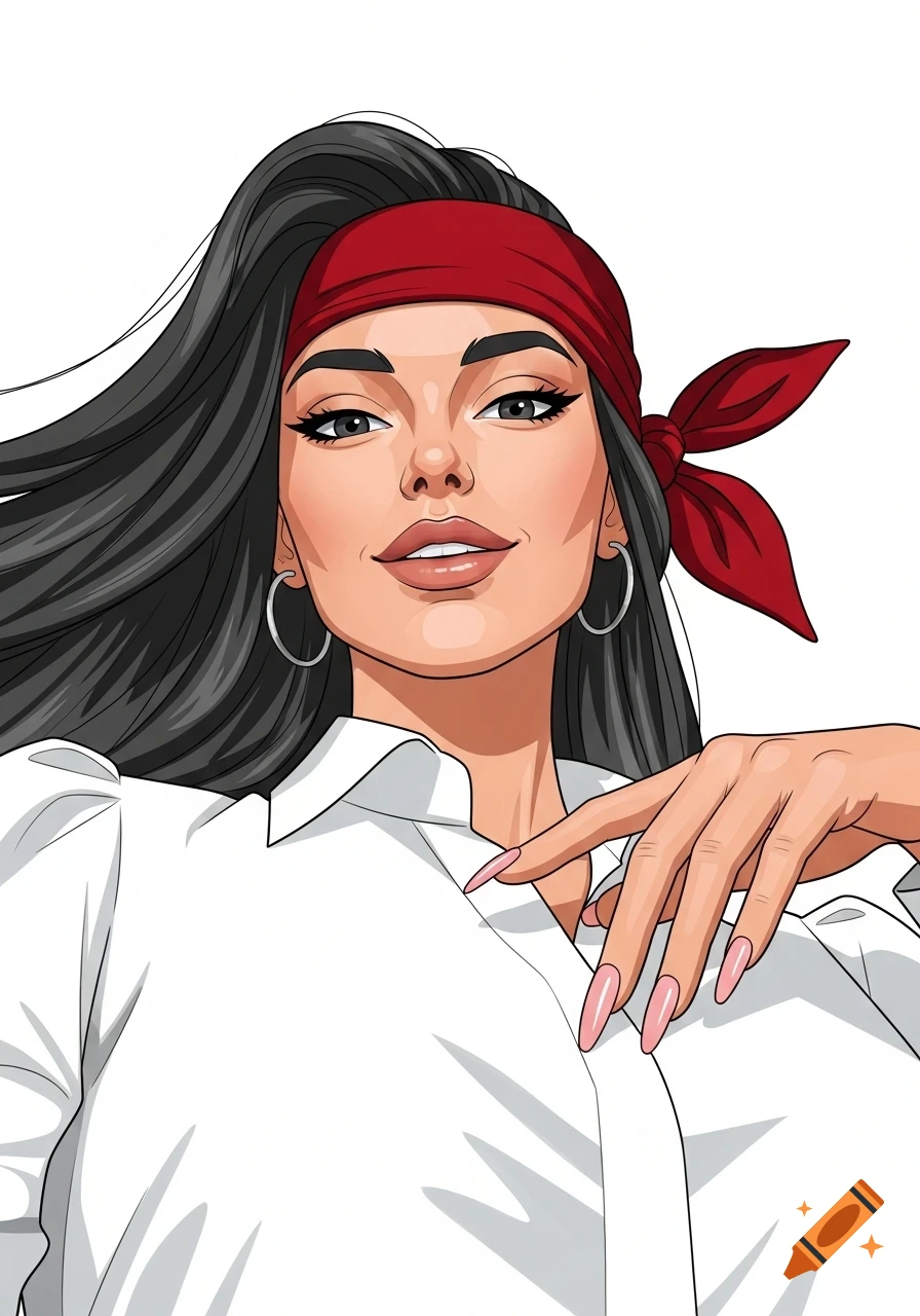 Vector art portrait of a smiling woman with dark hair, a red bandana, white shirt, and long pink nails.