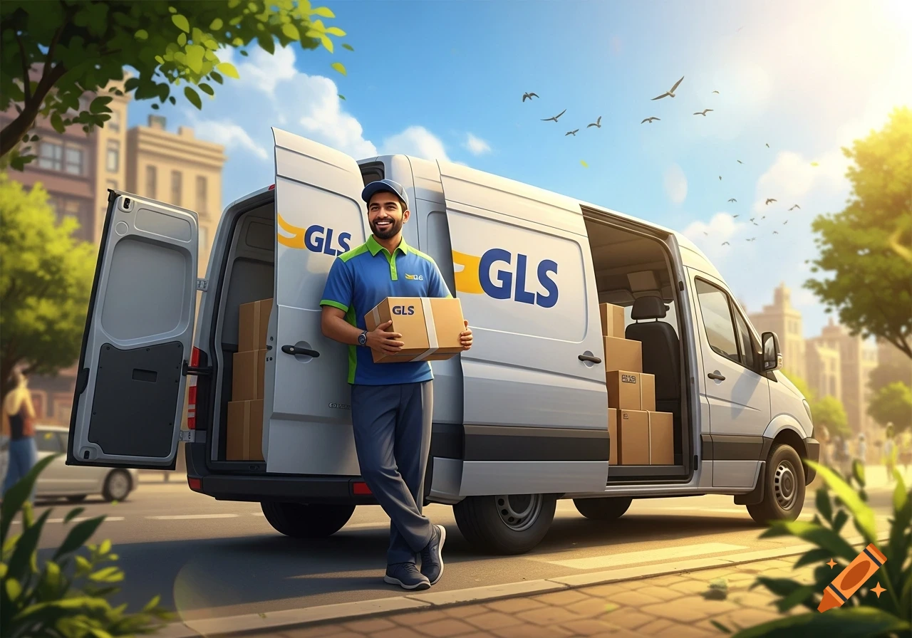 A smiling Pakistani courier in a blue GLS uniform holds a package, leaning against a white GLS delivery van filled with boxes on an urban street.