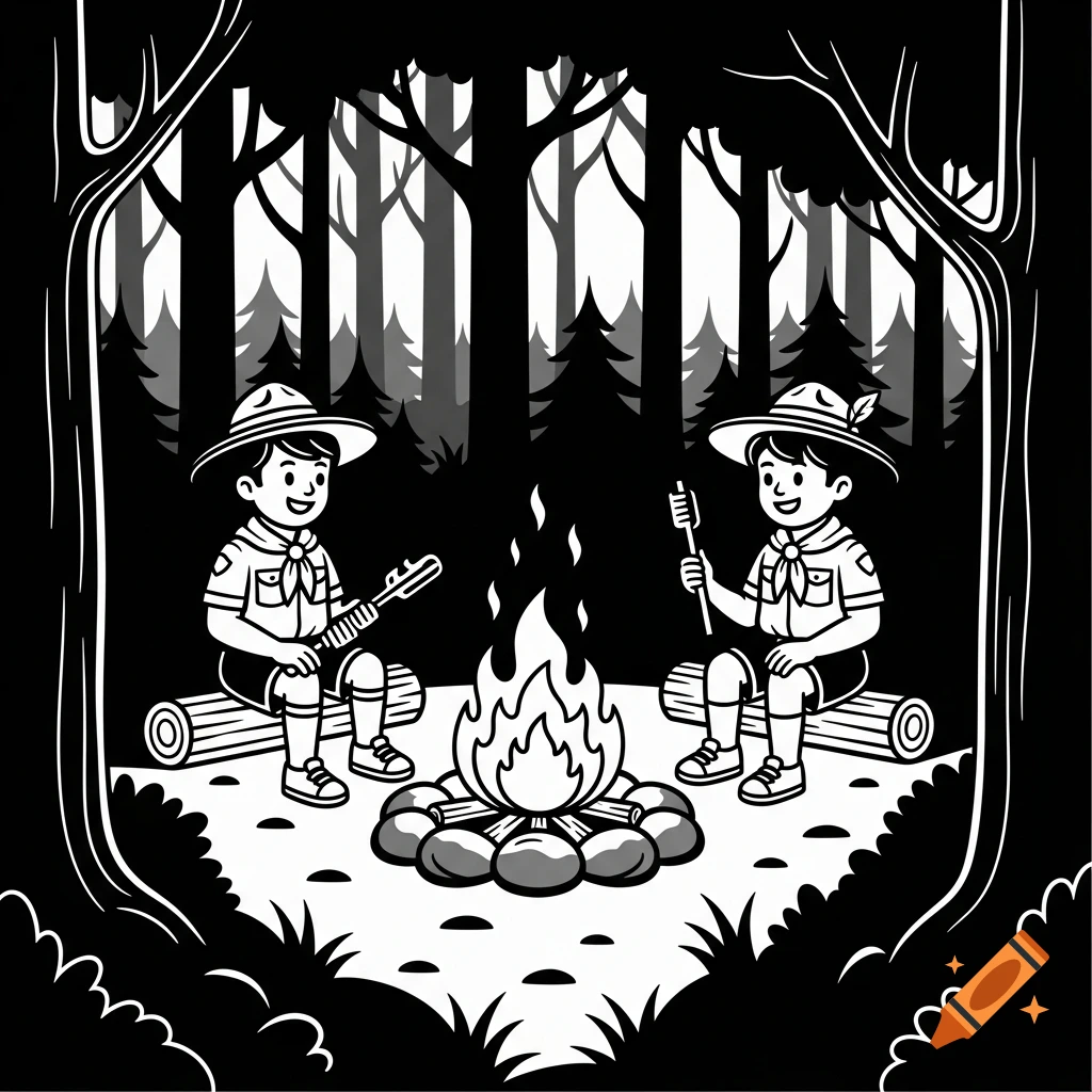 Two smiling boy scouts in hats sit by a campfire in a forest, one playing a guitar, the other holding a roasting stick, in a black and white clip art style.
