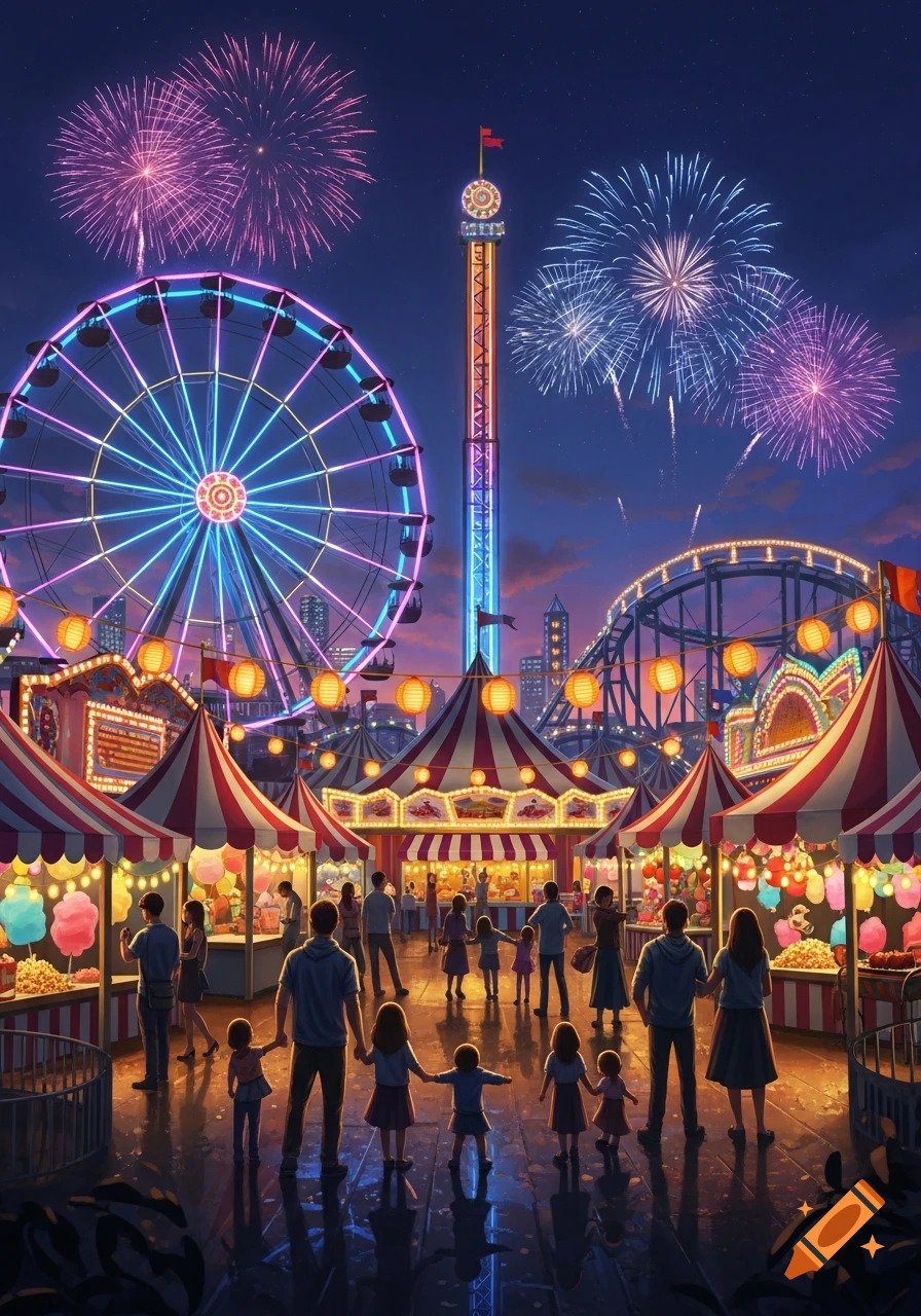A vibrant night carnival scene with a brightly lit Ferris wheel, drop tower, and stalls. Families stroll below as fireworks burst overhead.