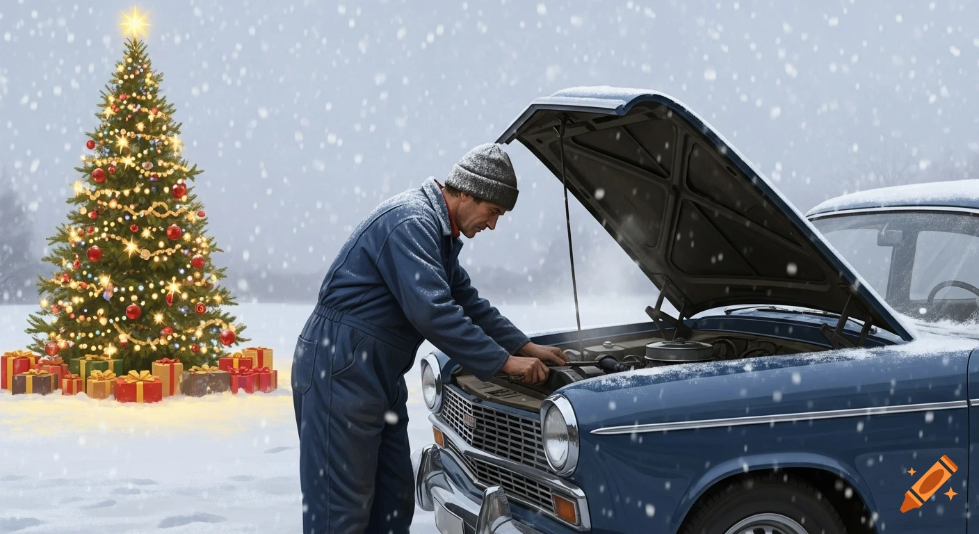 A mechanic in a blue jumpsuit repairs a classic car in a snowy landscape with a lit Christmas tree and presents.