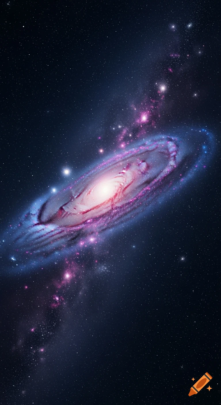 A vibrant spiral galaxy with a bright pink and red core, surrounded by blue and purple arms, set against a dark, star-filled night sky.