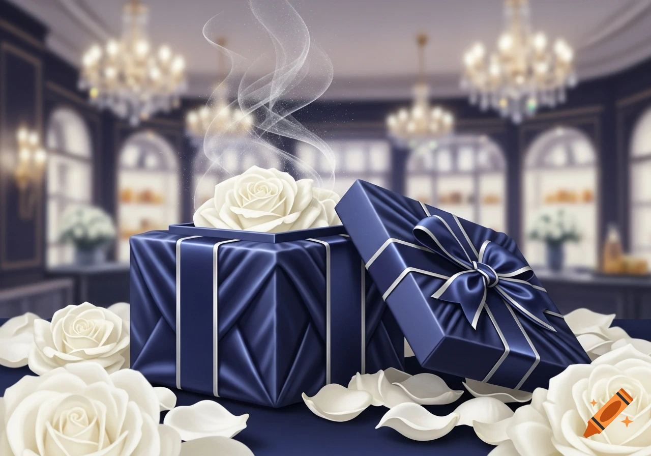 Two elegant blue gift boxes, one open with white roses and smoke, surrounded by white roses and petals in a luxurious setting.