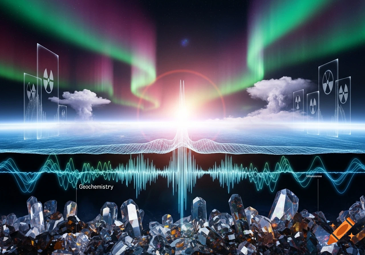 A vibrant abstract image combining aurora, ocean, scientific data waves, radioactive symbols on glass, and crystals, illustrating geophysical concepts.