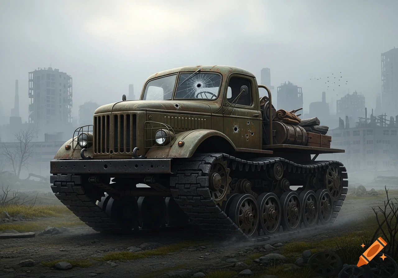 Old, olive green, bullet-riddled truck with tank treads drives on a dirt road in a foggy, ruined city.