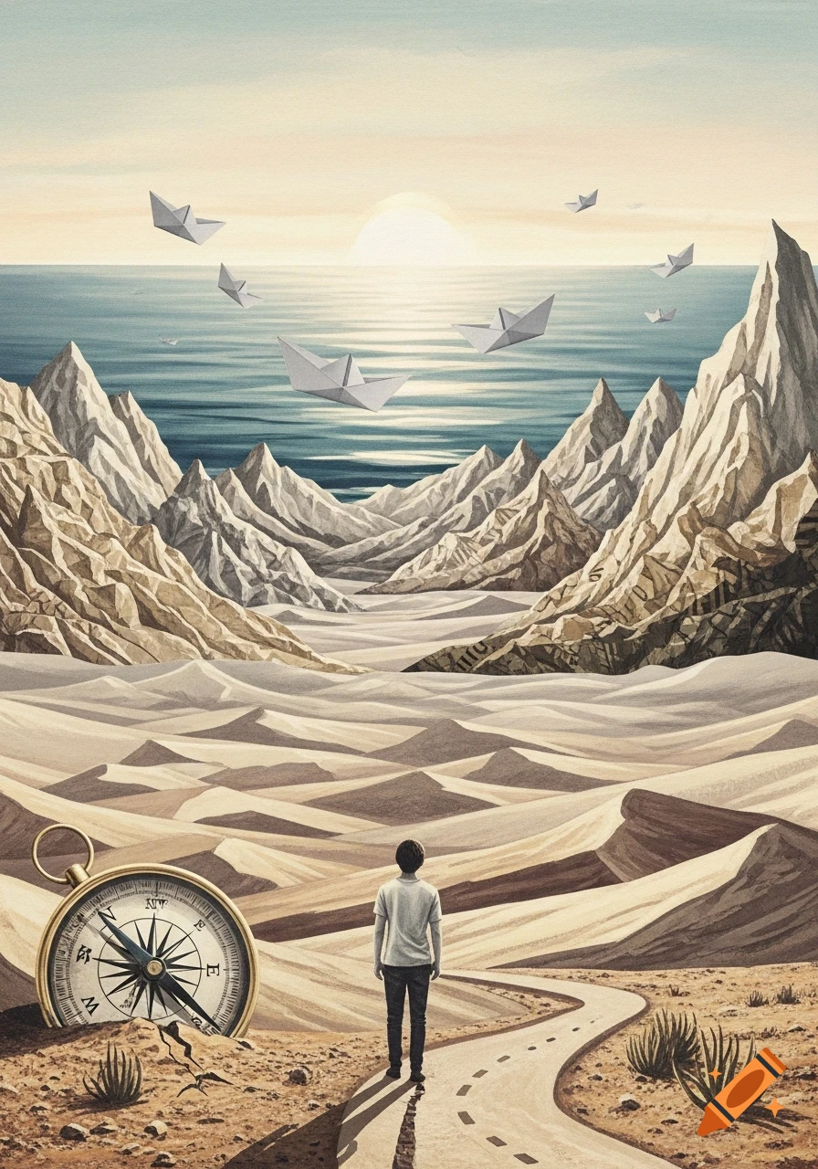 A surreal illustration of a person walking on a road through a desert made of crumpled paper, towards a sea with paper boats under a bright sun. Mountains made of paper rise on either side, and a large compass is half-buried in the foreground.