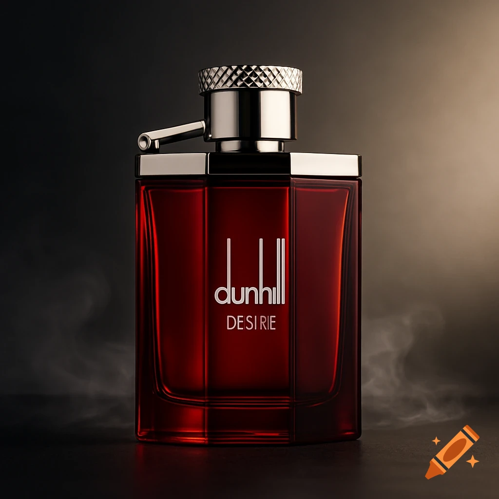 Photorealistic close-up of a red dunhill DESIRE perfume bottle with a silver cap, on a dark surface with smoke.