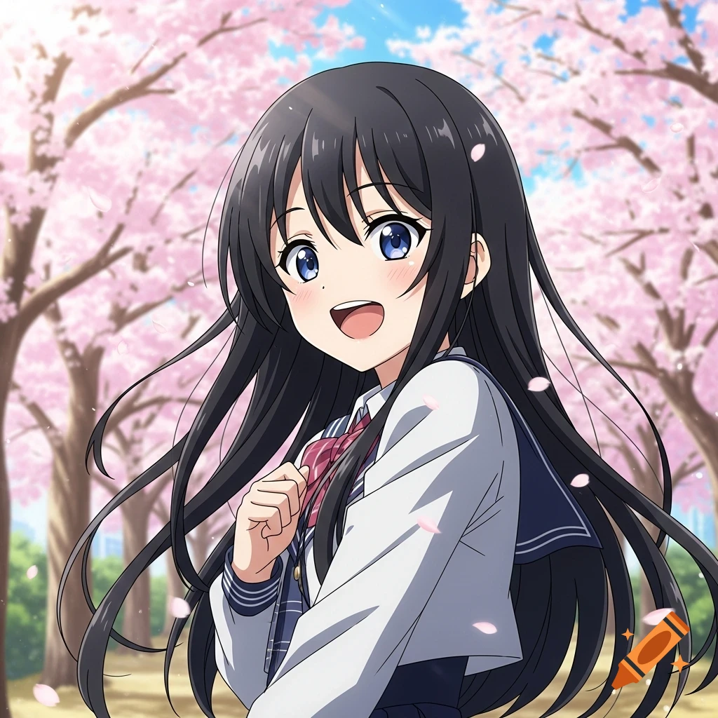 An anime girl with long dark hair and blue eyes smiles brightly in a park with pink cherry blossoms.
