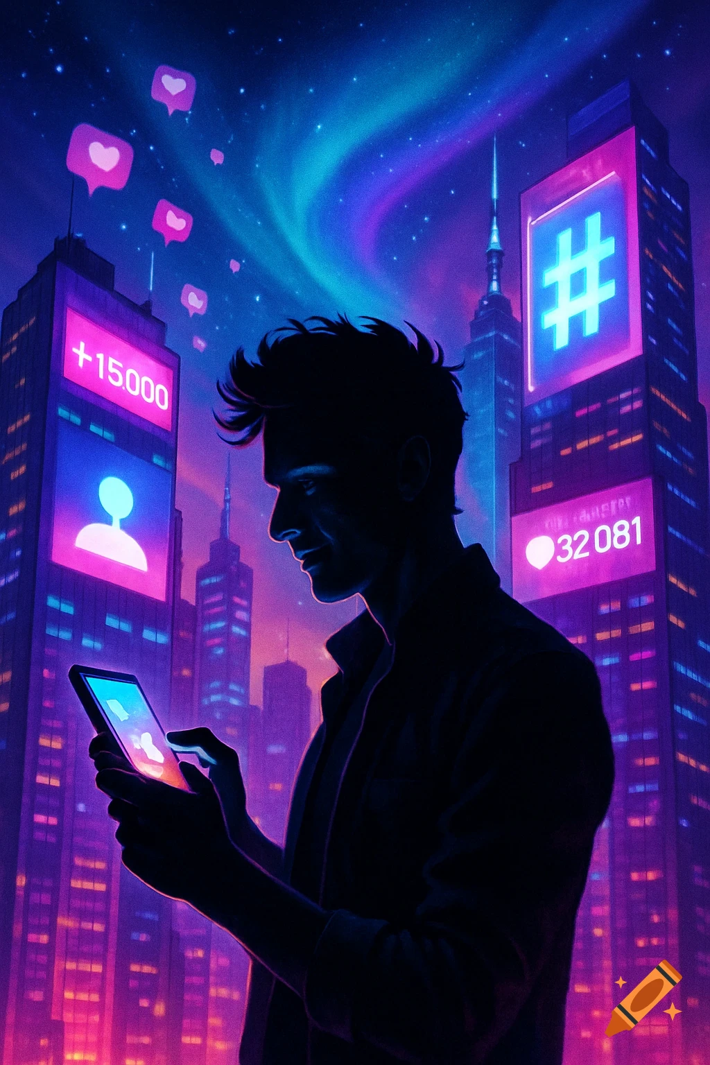 A silhouetted man uses a smartphone in a neon-lit futuristic city, with social media metrics like +15.000 and 32081 likes displayed on towering buildings under a starry, aurora-like sky.