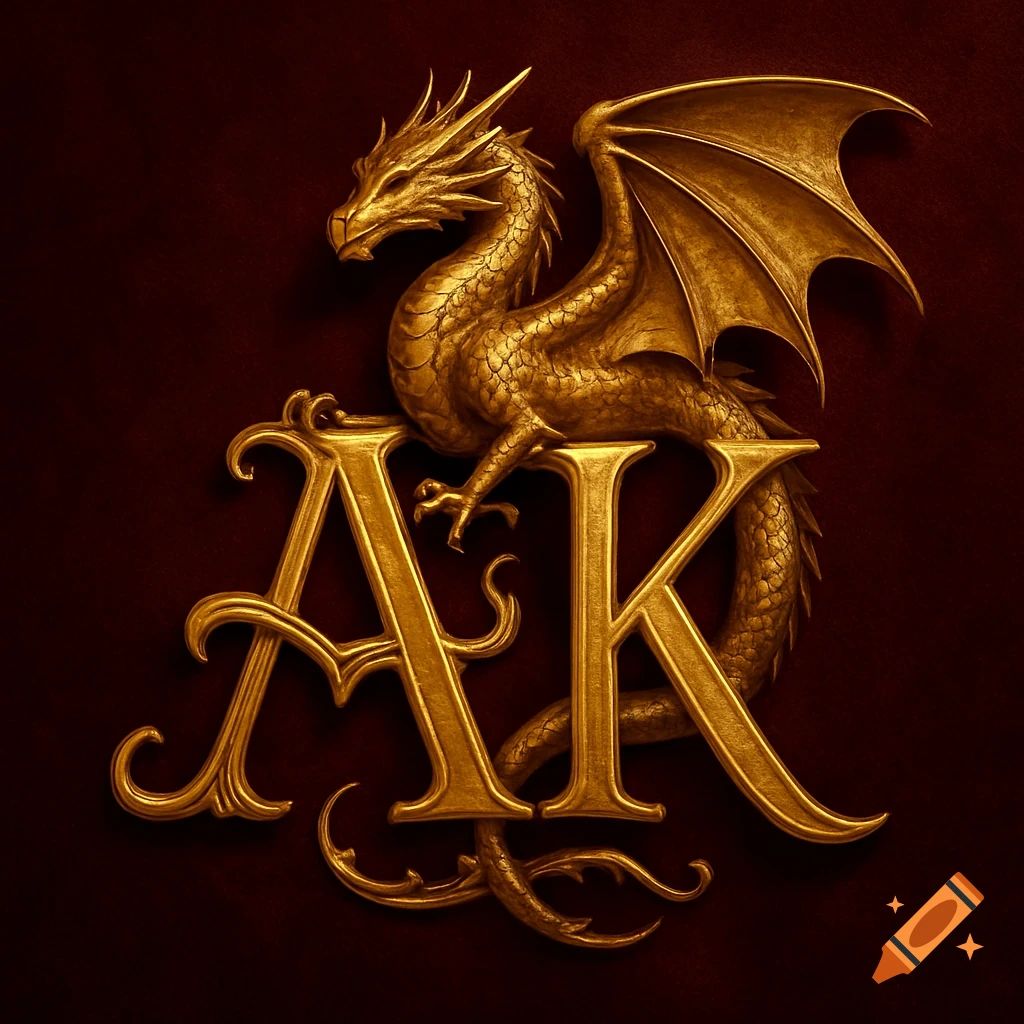 A detailed golden dragon perches on ornate golden letters 'AK' on a dark red background in a royal, elegant style.