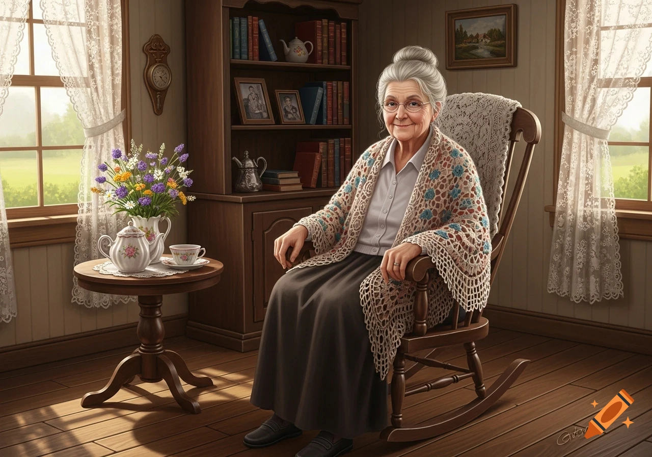A smiling elderly woman with gray hair sits in a rocking chair in a cozy, sunlit room by a window.