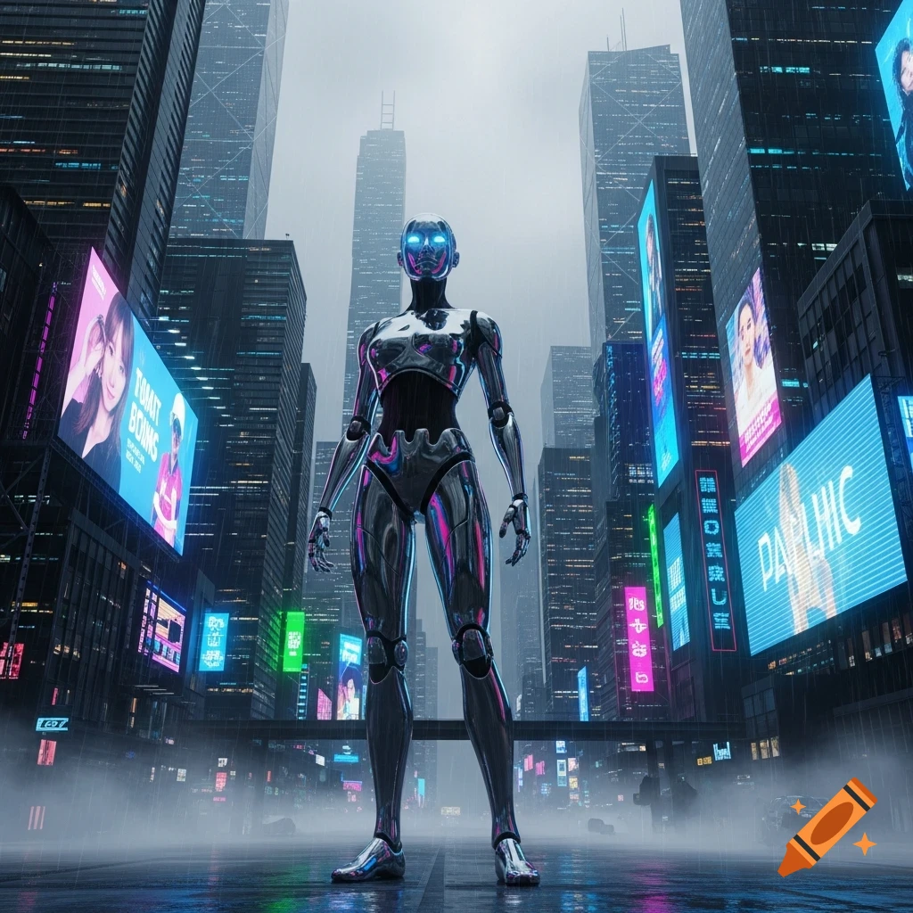 A chrome-plated robot with glowing blue eyes stands in a rainy, neon-lit futuristic city street with skyscrapers.