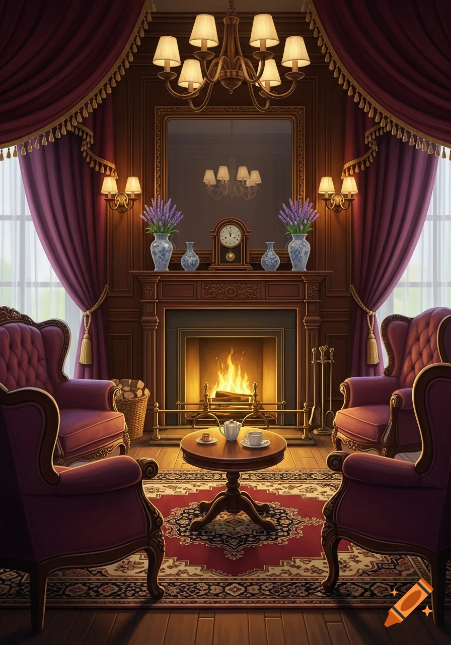 A luxurious, cozy living room with a lit fireplace, two purple armchairs, a small tea table, elegant chandeliers, and rich purple curtains.