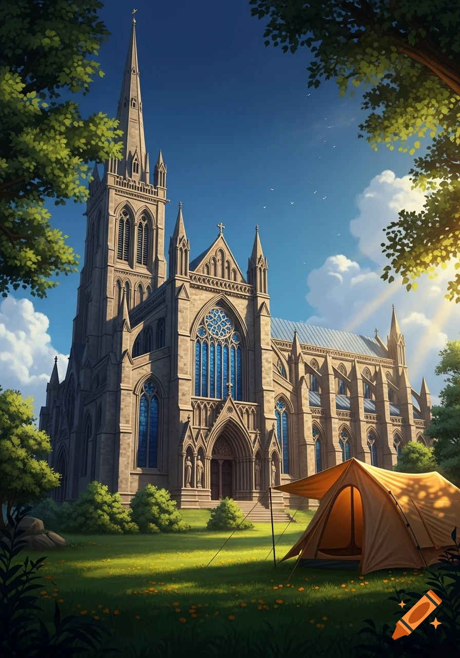 A grand gothic cathedral with a tall spire stands behind a brown camping tent in a sunny green field framed by trees, under a blue sky.