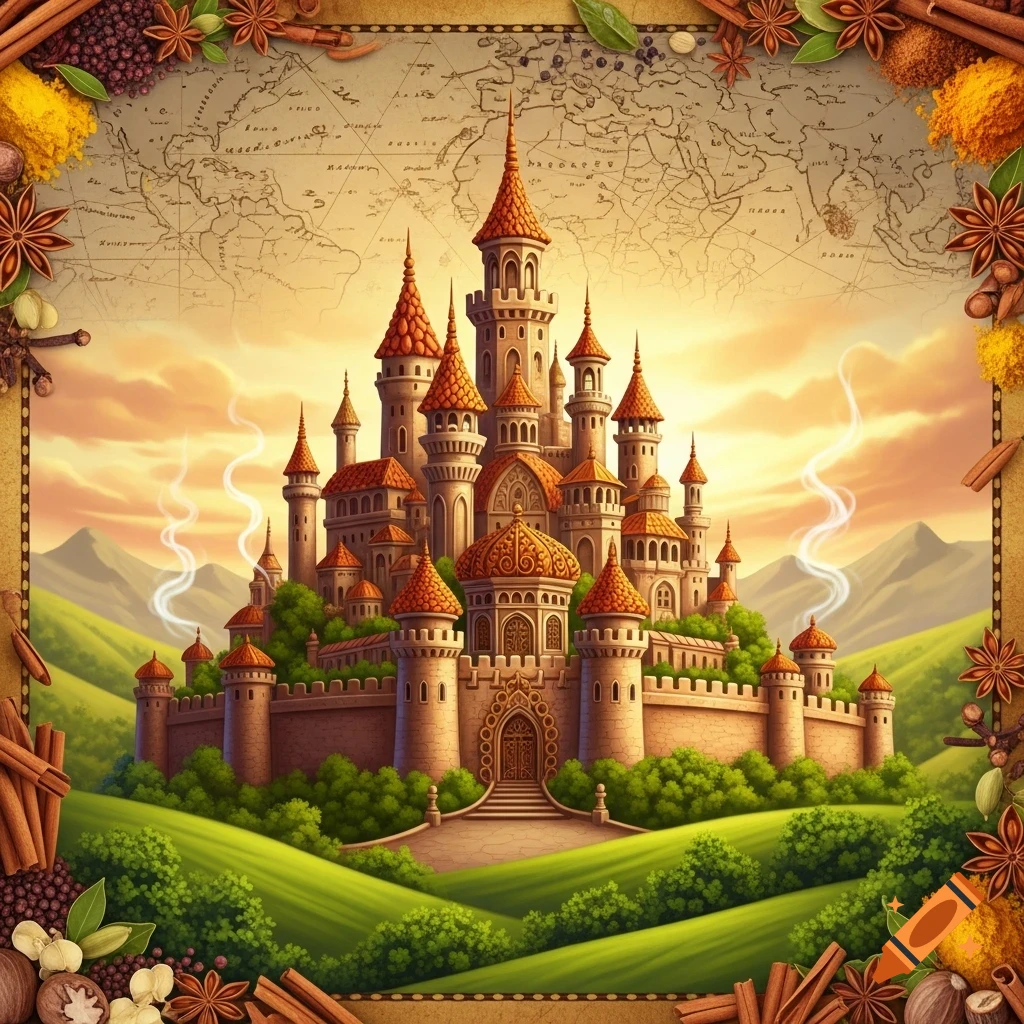 A detailed fantasy castle with red roofs in green hills, framed by spices and an old map background under a sunset sky.