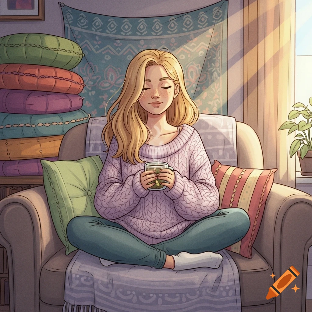 Blonde girl in a cozy sweater sits cross-legged on an armchair, eyes closed, holding a cup, in an illustrated style.