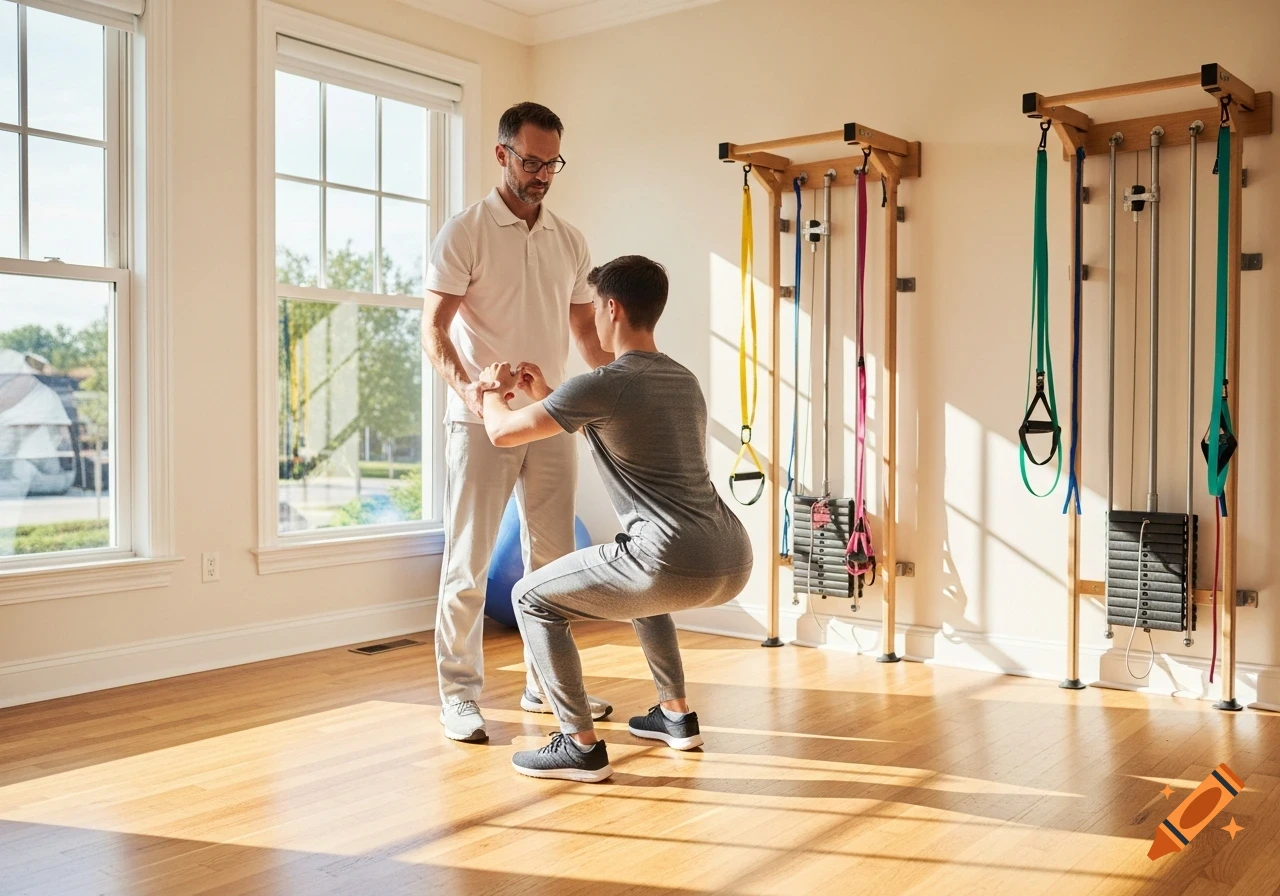 A man assists a patient performing squats in a sunny physical therapy room with exercise equipment.