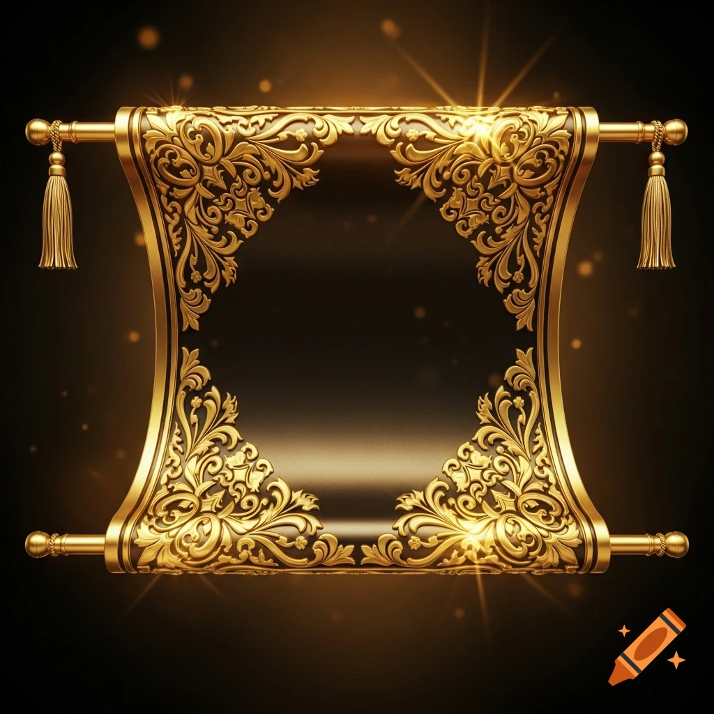 An ornate golden scroll with elaborate filigree patterns and tassels on a dark background.
