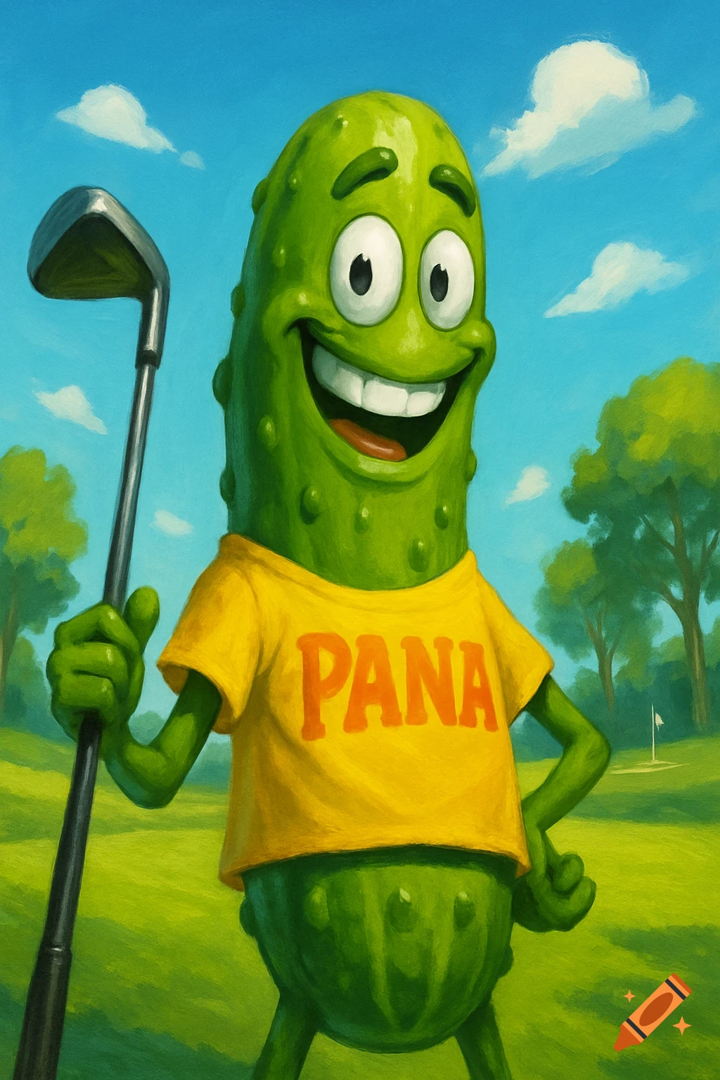 A smiling cartoon pickle holding a golf club and wearing a yellow t-shirt that says 'PANA' on a golf course under a blue sky.