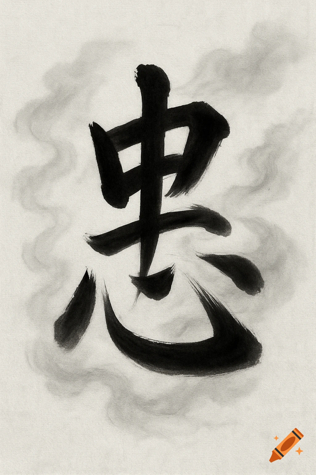 Ink wash style calligraphy of the Chinese character "忠" (zhōng) on a light background with subtle grey wisps.