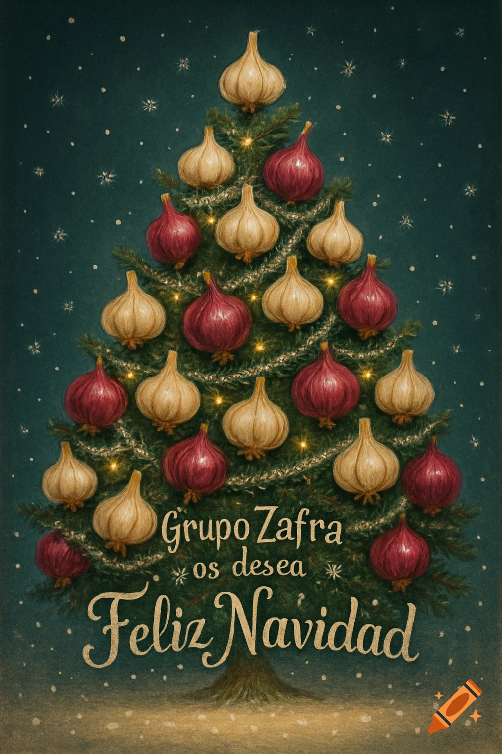 Stylized Christmas tree decorated with garlic bulbs and red onions, against a snowy background. Text: 'Grupo Zafra os desea Feliz Navidad'.