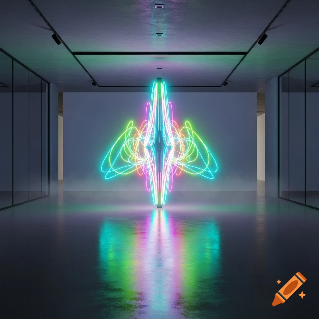 A colorful abstract neon light sculpture reflects on a polished floor in a modern, dimly lit interior.