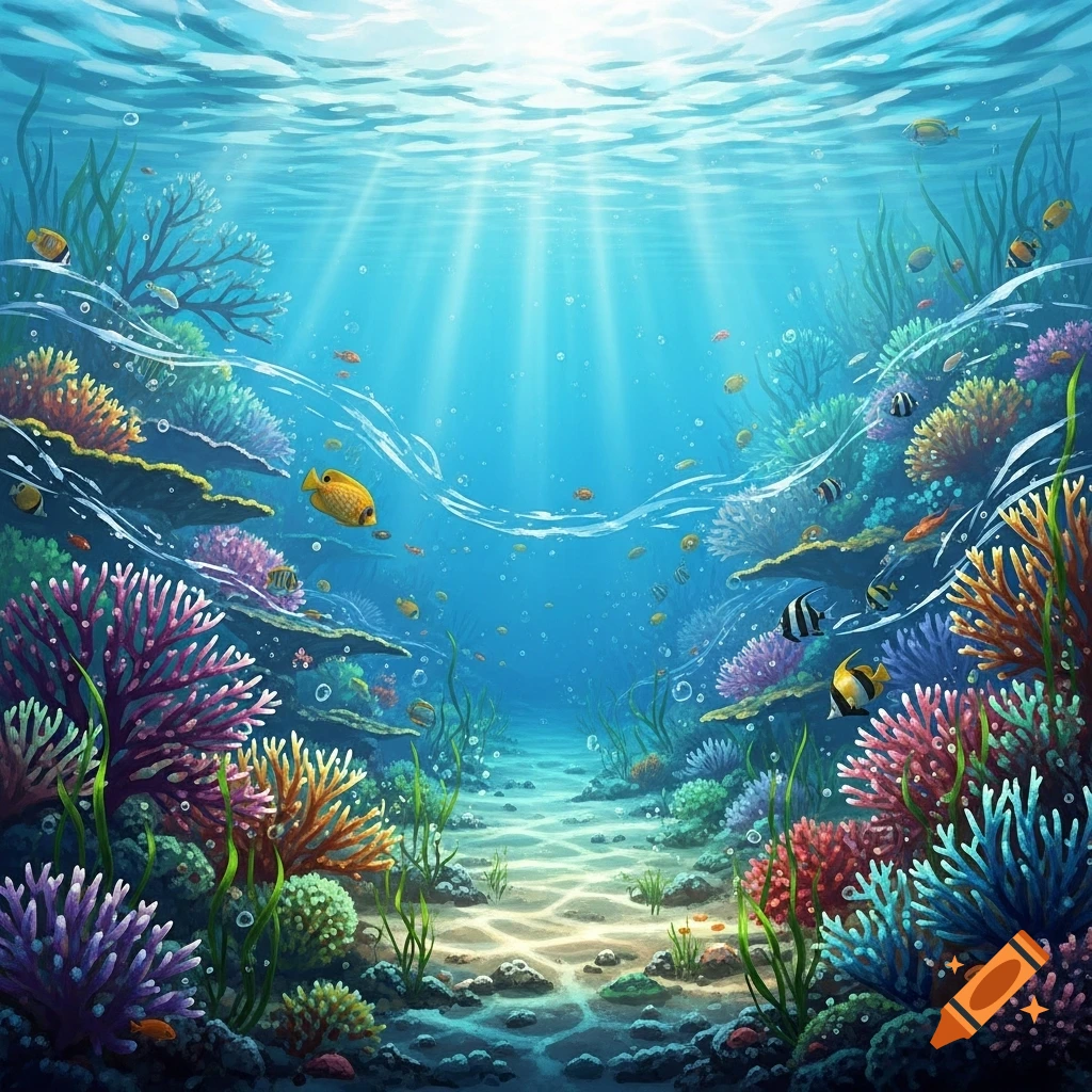 Vibrant underwater scene with colorful coral reefs, various fish, and rays of sunlight piercing through clear blue water.