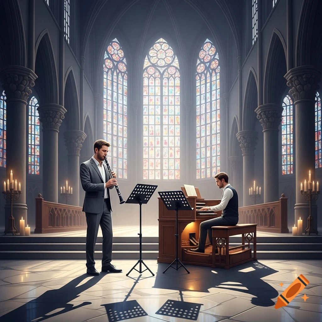 Two men play clarinet and organ in a grand church with towering stained glass windows, bathed in light.