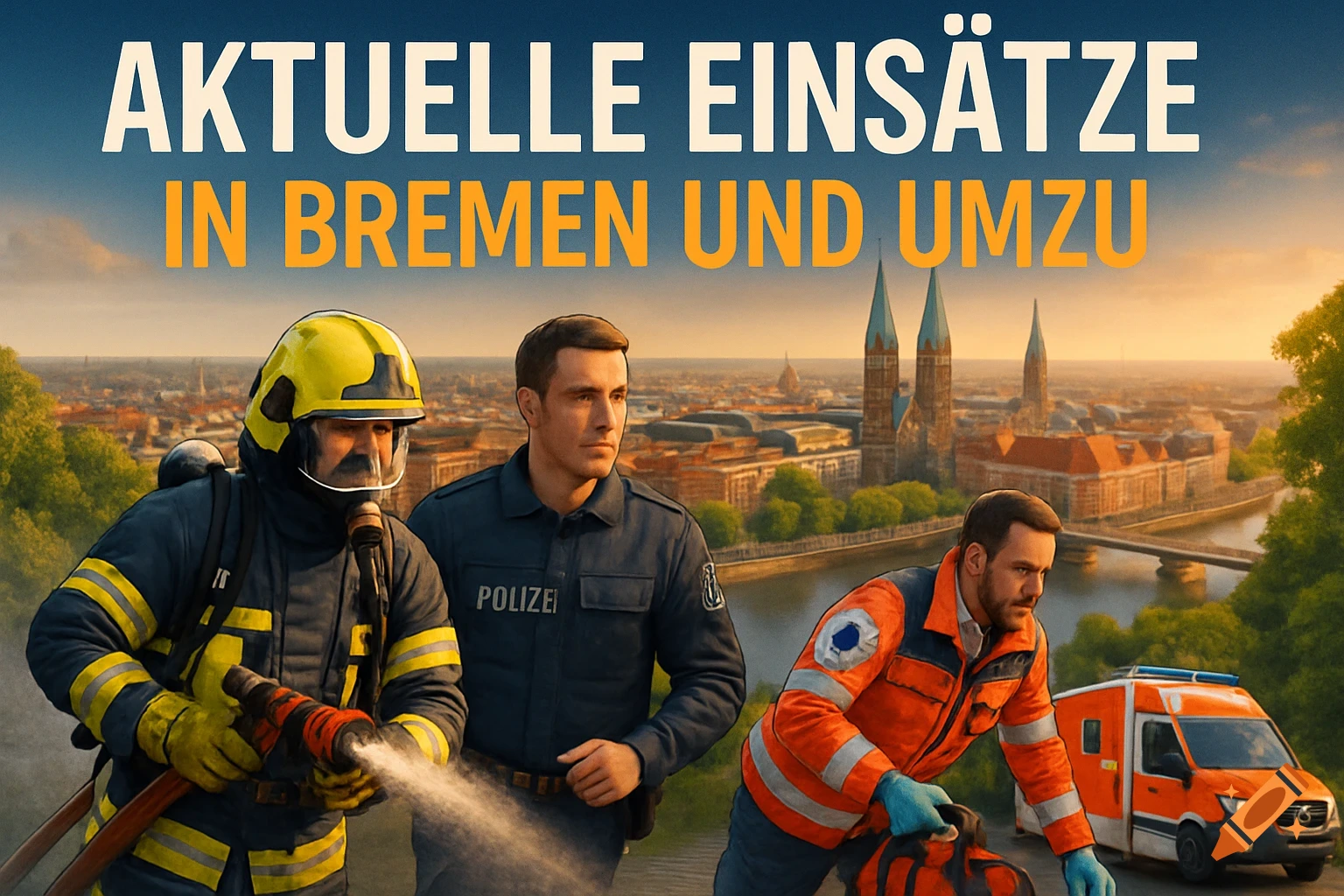 A firefighter, police officer, and EMT with an ambulance in front of the Bremen city skyline at sunset. Text reads 'AKTUELLE EINSÄTZE IN BREMEN UND UMZU'.
