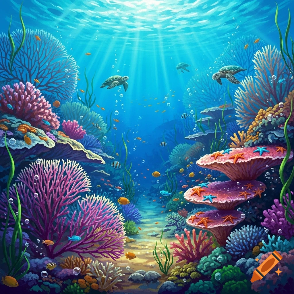 Vibrant underwater illustration of a colorful coral reef with swimming sea turtles, fish, and light rays from the surface.