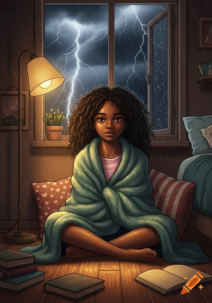 Illustration of a Black girl with curly hair wrapped in a blanket, sitting on the floor in her room during a lightning storm.