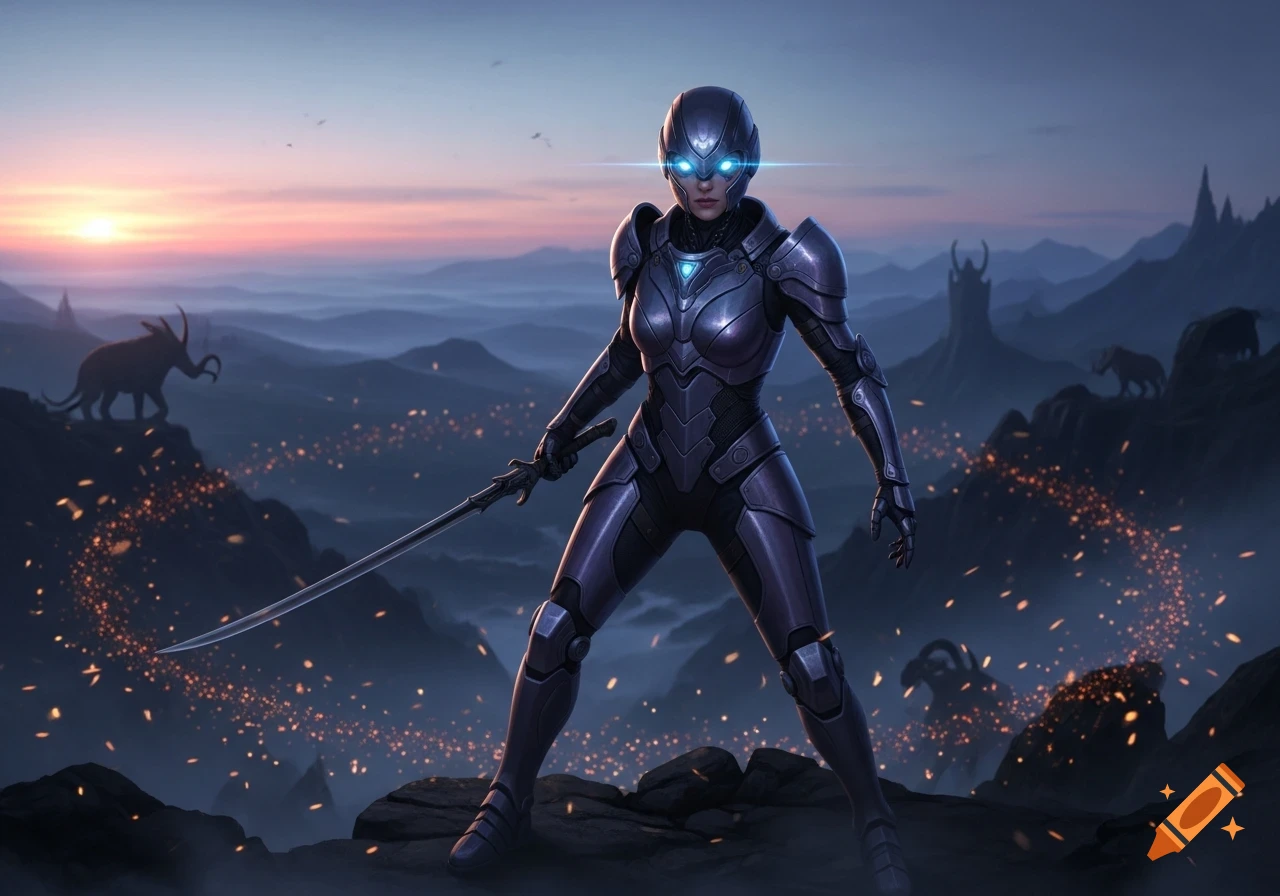 A futuristic female warrior in dark armor with glowing blue eyes stands ...