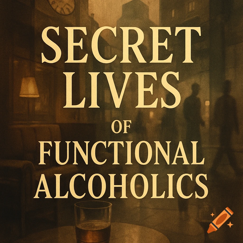 Dark, sepia-toned title card reading 'SECRET LIVES OF FUNCTIONAL ALCOHOLICS' over a blurred background of city silhouettes and an interior with a drink.