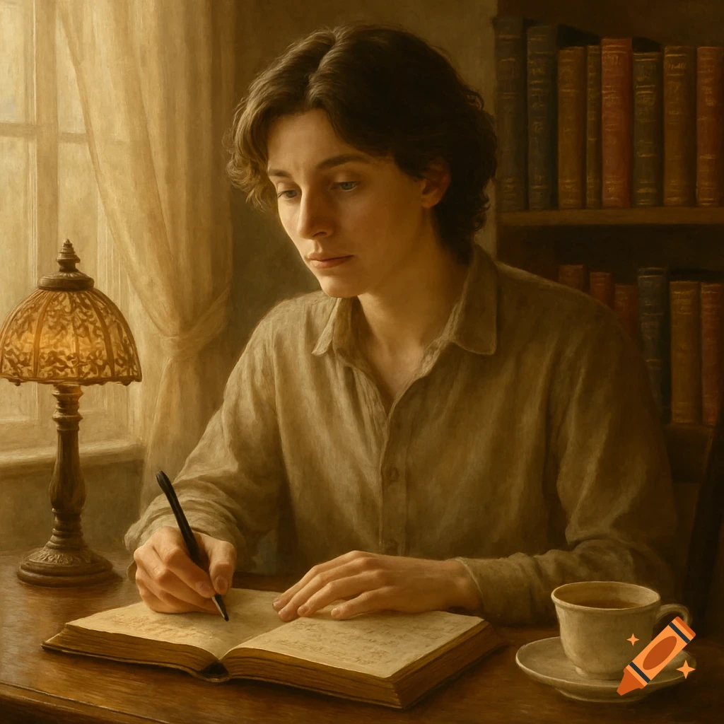 A person with short, curly brown hair writes in an open book on a wooden desk, with a lamp and bookshelf behind them in a painterly style.