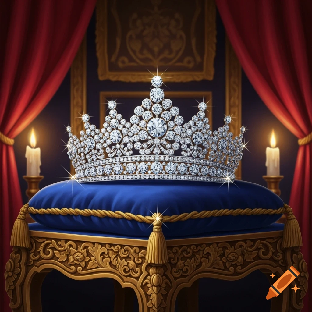 A sparkling diamond crown rests on a deep blue velvet pillow with gold tassels, set against a backdrop of red curtains and lit candles in a royal chamber.