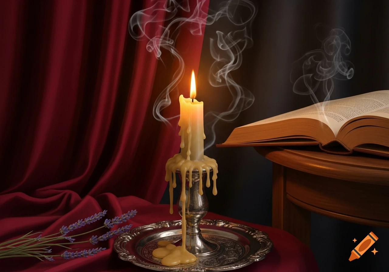 A lit candle with dripping wax in a silver holder sits on a red cloth with lavender, next to an open book on a wooden table. Smoke curls.