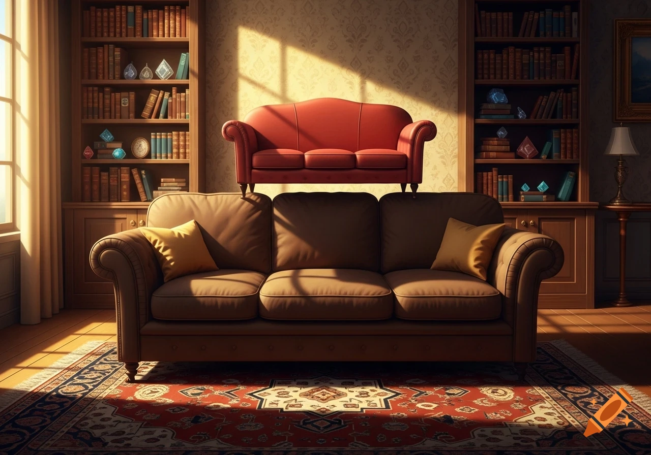 A red couch rests atop a larger brown couch in a sunlit room with bookshelves and a patterned rug.