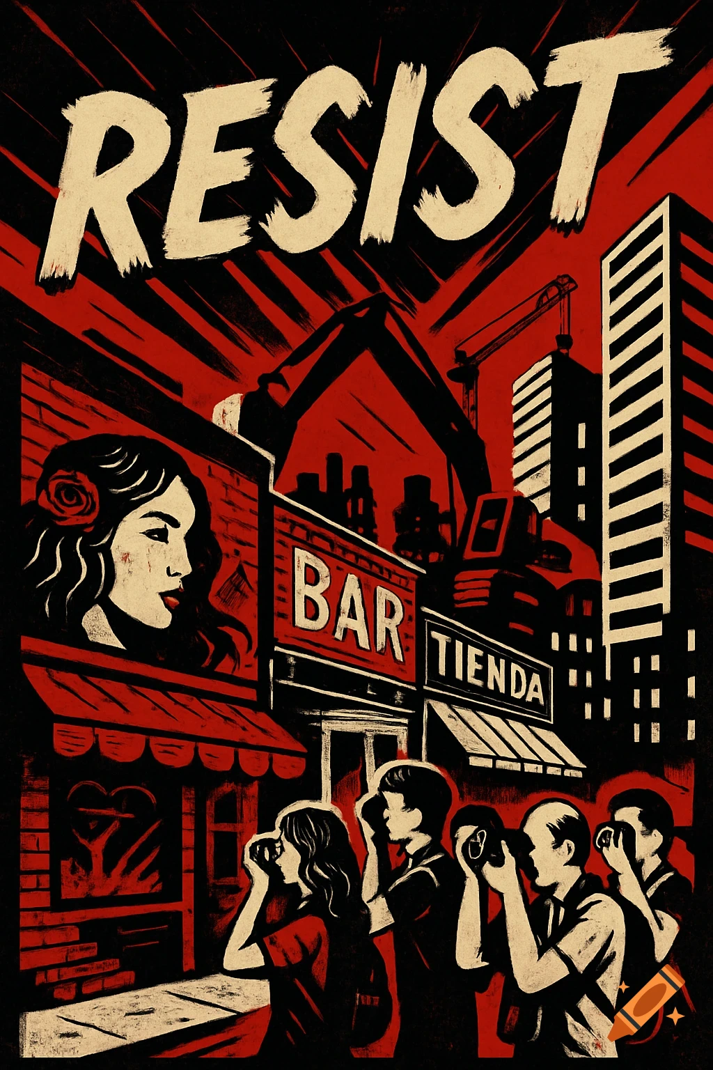 A graphic, red, black, and cream protest poster with 'RESIST' text above people, storefronts, construction cranes, and city buildings.