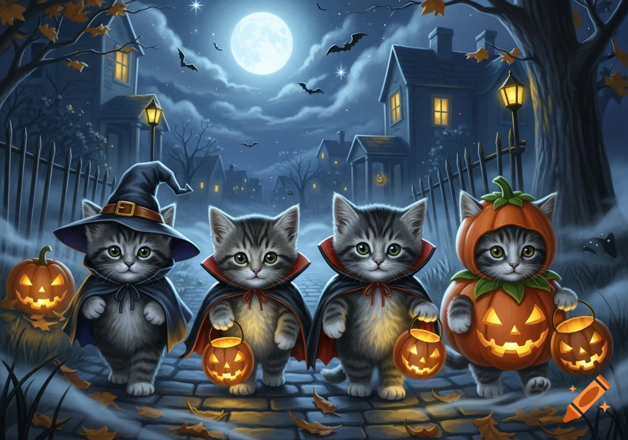 Four cute tabby kittens in Halloween costumes trick-or-treating at night, holding jack-o'-lantern buckets on a cobbled path.