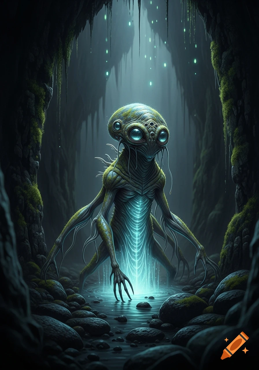 A glowing, moss-covered alien creature with multiple eyes and long limbs stands in a dark, watery cave with bioluminescent elements.