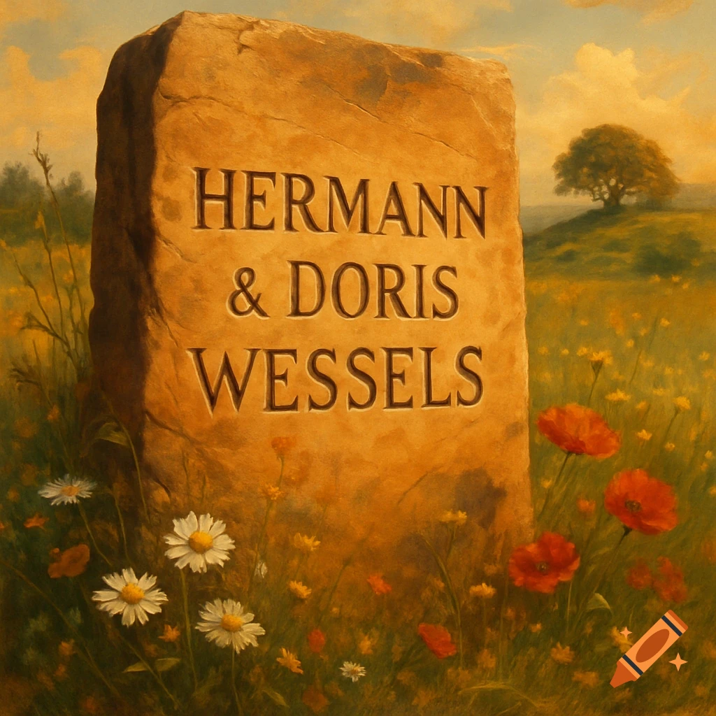 A painterly image of a rustic sandstone slab engraved with 'HERMANN & DORIS WESSELS' in a vibrant wildflower field.
